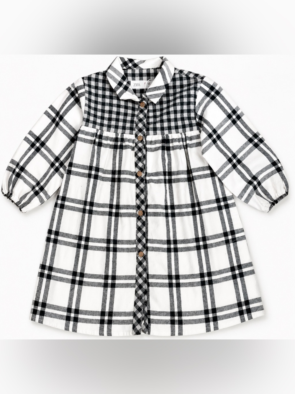 Zara Girls Plaid Shirt Dress Size 4-5T Black White Button Front Long Sleeve